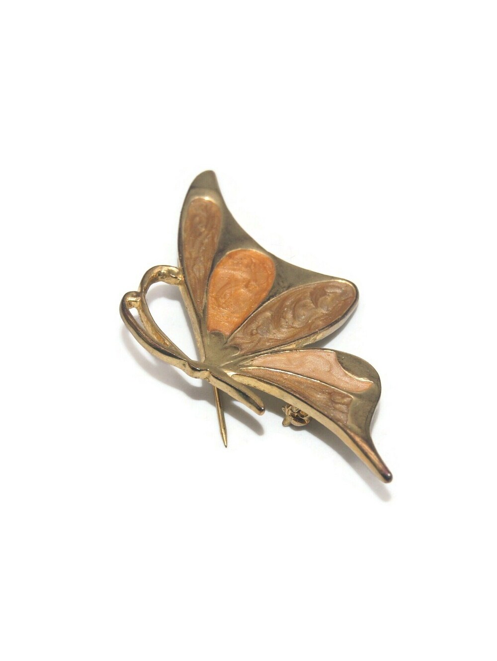 Vintage Gold Tone with Brown and Orange Swirled Enamel Butterfly Brooch.